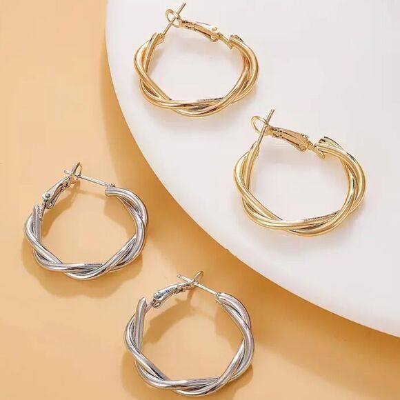 💋Set of  Gold and SilverTwisted Braided Classic Hoop Earrings💋 - Picture 1 of 16